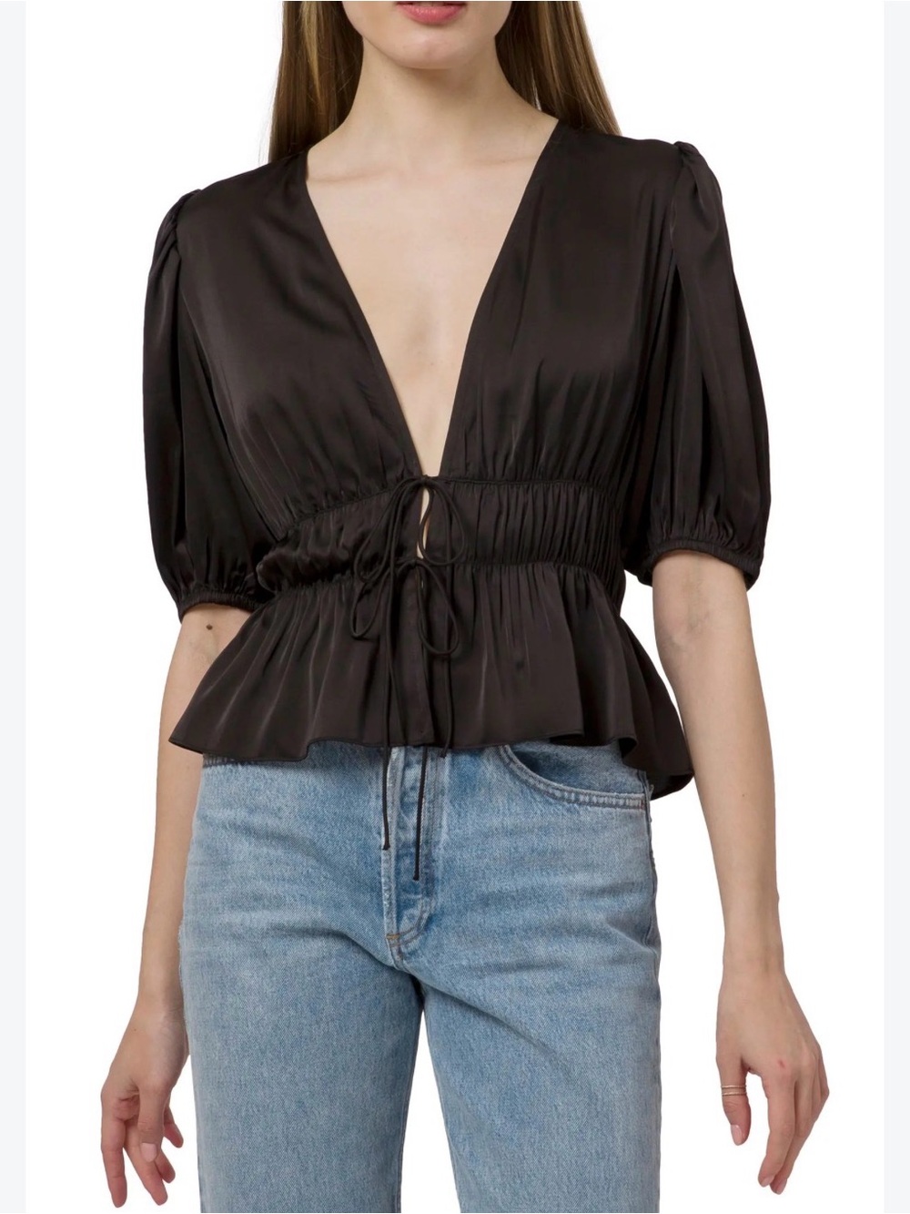 Wayf Black Satin V-Neck Tie-Front Peplum Top